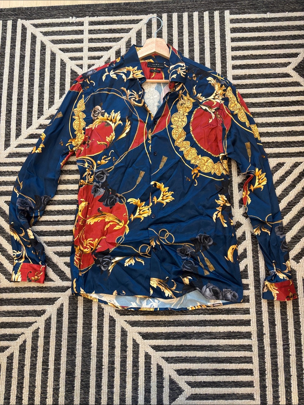 Zara Navy Baroque-Print Lightweight Shirt Jacket with Red & Gold Motifs
